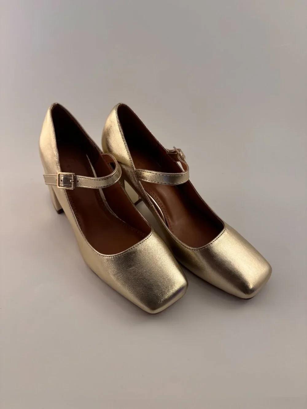 ASOS DESIGN Gold Metallic Mary Jane Block Heels Square Toe Buckle Pumps 7